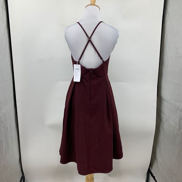 Eliacher Pleated Summer Party Dress Womens 4/6 Maroon V Neck Backless Pockets - Picture 3 of 16